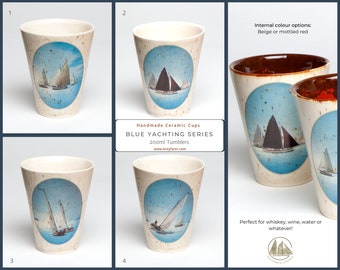 Nautical themed ceramic tumblers, classic yachts cups for whisky, wine, water or whatever.