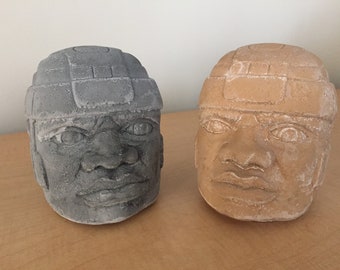 Set of Two Pre-Columbian Handmade Olmec Head Sculptures