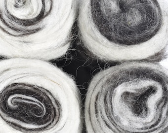 Icelandic Sheep Roving Bumps, Natural Colors, Bicolor (Black, White) and Tricolor (Black, White, Gray)