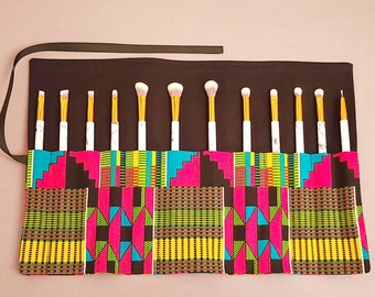 Neon Kente Print Makeup brush roll holder