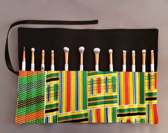 African Kente Print Makeup Brush Roll Holder