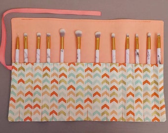 Gold and Pastel Chevron Pattern Makeup Brush Roll Holder