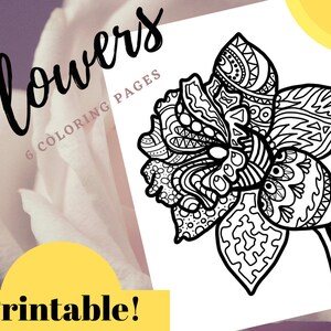 6 Flower Coloring Book Pages for Adults and Kids. PDF. Printable. Instant Download!