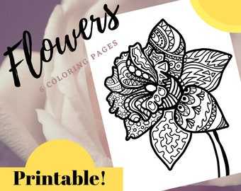 6 Flower Coloring Book Pages for Adults and Kids. PDF. Printable. Instant Download!