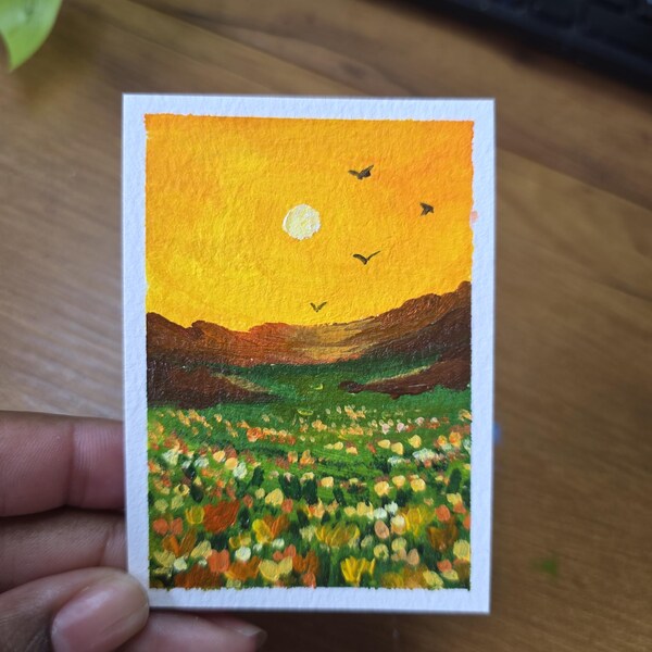 Höstvildblommor ACEO Akryllandskap Original 2,5x3,5 tum