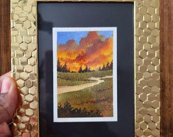 Cielo in fiamme; ACEO Originale Acquerello Paesaggio da collezione 2,5x3,5 pollici (senza cornice)