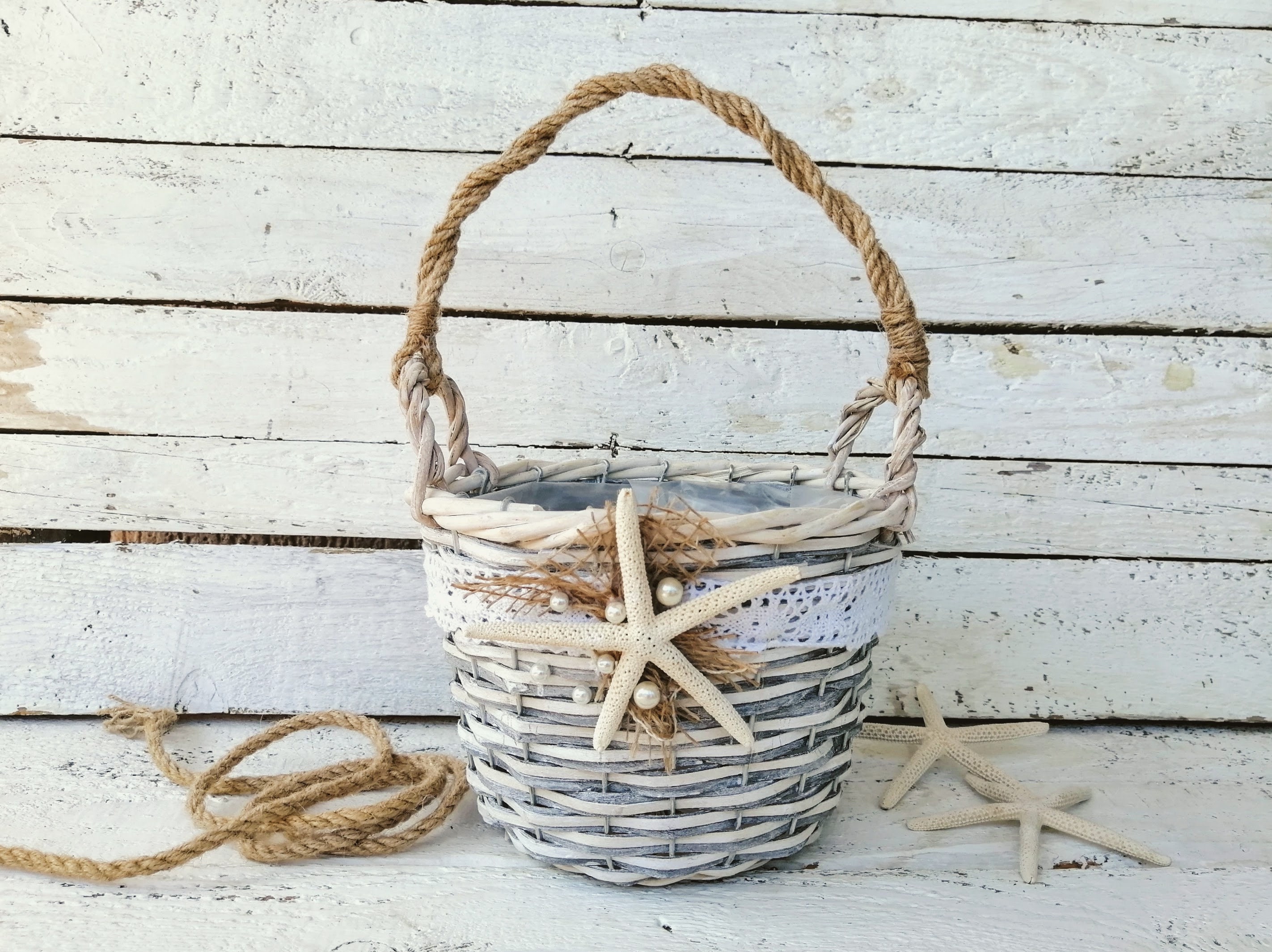 Beach Flower Girl Basket Rustic Wooden Basket Beach Wedding Etsy
