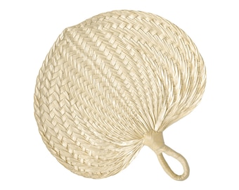 May include: A woven, light beige hand fan with a woven handle. The fan is made of natural materials and has a traditional design.