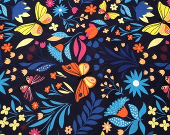 100% Cotton fabric , Colourful flowers butterflies on navy blue  by half metre
