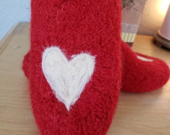 Hand knit felt slipper Valentine's red with heart size 7-7.5 women