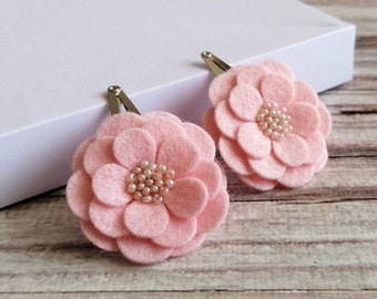 Pastel pink flower hair clips for Flower Girl, Set of 2 Blush Wool Felt Floral hair clips with tiny glass beads