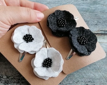 Black Poppy snap clip set of 2, Remembrance day Poppy Hair Clips for women, Wool Felt Black White flower hair accessories