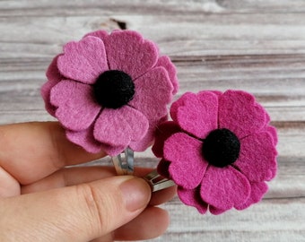 Set of 2 Pink flowers hair clips for women, Wool Felt Anemone hair accessory flowers for girls, Pink Poppy clips for bridesmaid