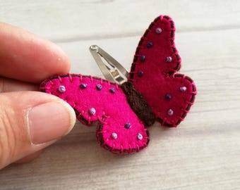 Hand Embroidered Wool felt Pink butterfly hair clips pins for girls, butterfly hair clip purple for kids, Snap clips for hair