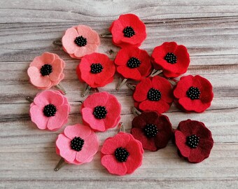 Set of 2 Red snap clips, Remembrance day Poppy Hair Clips for girls, Wool Felt Red flower Womens hair pins