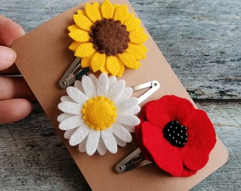 Set of 3 Felt flower snap clips, Red poppy and White Daisy hair accessories for country wedding, Sunflower snap clips for Bridal shower