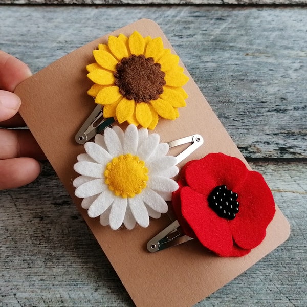 Conjunto de 3 clips de presión de flores de fieltro, accesorios para el cabello de amapola roja y margarita blanca para bodas campestres, clips de presión de girasol para despedida de soltera