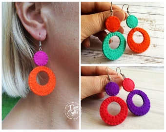 Pink Orange retro earrings dangle, Colorful lightweight mismatch statement long dangle earrings for women with stainless steel hooks