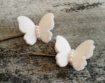 Set of 2 White Butterfly Bridal bobby pins, wedding hair clips for Flower girl, First communion hair accessories