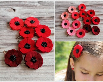 Red Poppy snap clip set of 2, Remembrance day Poppy Hair Clips for girls, Wool Felt Red flower Womens hair pins