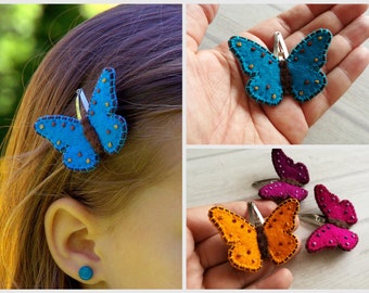 Wool felt Blue butterfly Snap clips for hair, Butterfly hair pins blue for kids and adults, Butterfly Accessory for girls