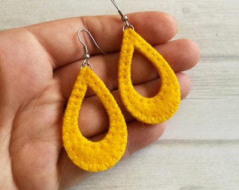 Yellow Lightweight earrings dangle, Geometric Statement Earrings Fabric Teardrop shape