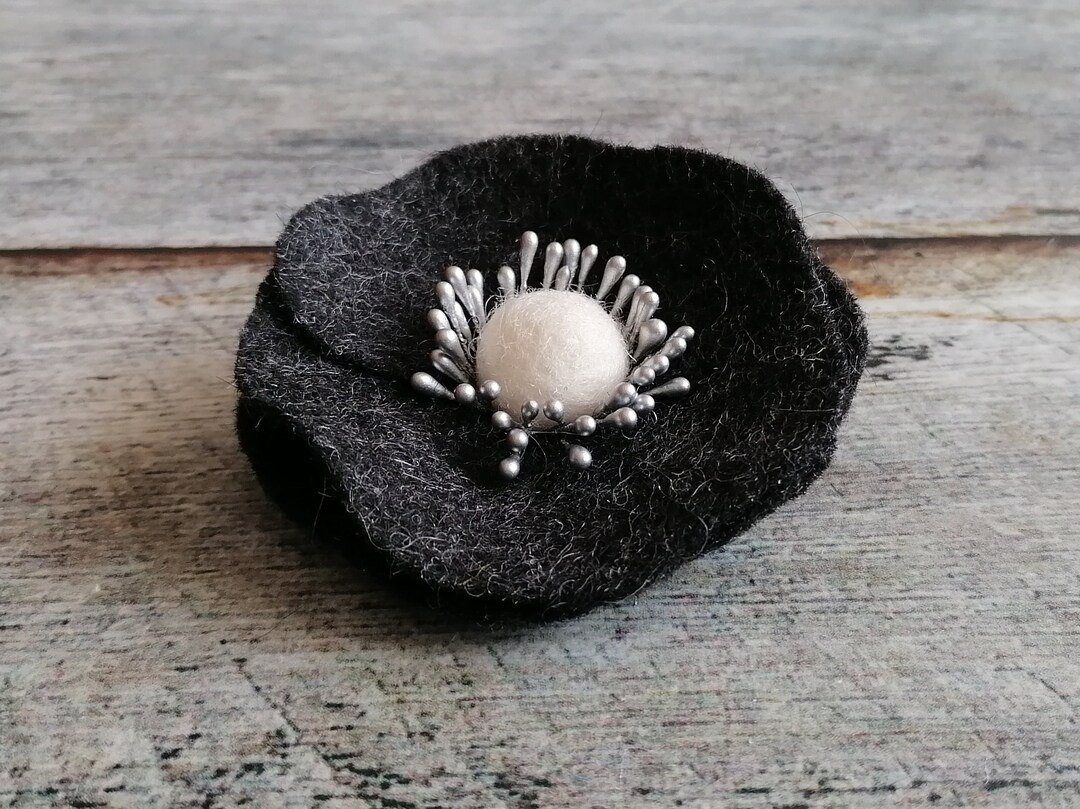 Wool Felt Black Poppy Pin Brooch Black Flower Brooch Etsy