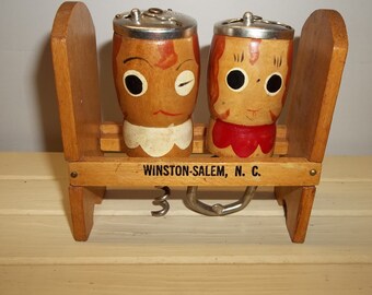 Vintage  Wooden Salt Pepper Shakers With Cork Screw Bottle Opener