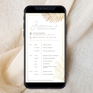 Minimalist Tropical Gold Mobile Bachelorette Itinerary Template DIY, Interactive + Clickable Itinerary, Miami, Hawaii, Beach Weekend