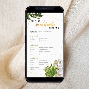Minimalist Tropical Orchid Mobile Bachelorette Itinerary Template DIY, Interactive + Clickable Itinerary, Hawaii, Tulum, Beach Weekend