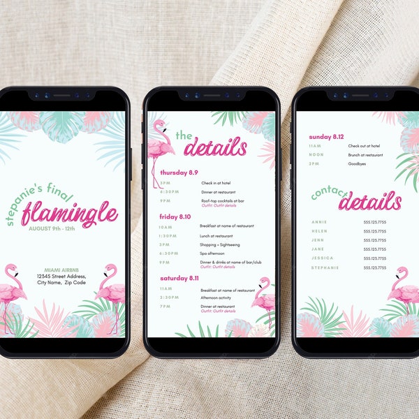 Final Flamingle Flamingo MultiPage Mobile Bachelorette Itinerary Template DIY, Interactive + Clickable Itinerary, Hawaii, Tulum, Get Flocked