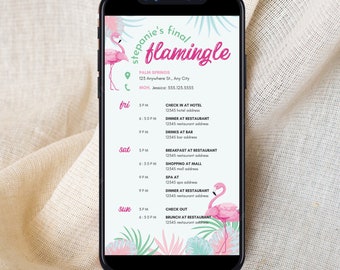 Final Flamingle Flamingo Mobile Bachelorette Itinerary Template DIY, Interactive + Clickable Itinerary, Hawaii, Tulum, Beach, Get Flocked