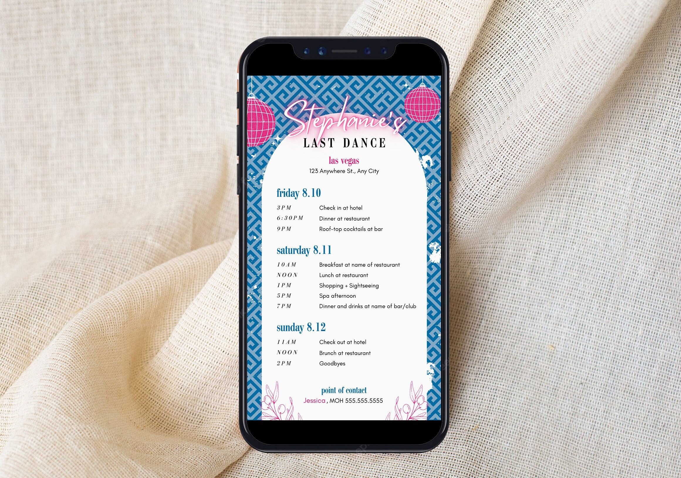 Mamma Mia! Last Dance Mobile Bachelorette Itinerary Template DIY, Interactive + Clickable Itinerary, Disco, Dancing Queen,  Las Vegas, Miami
