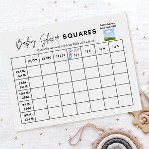 Moderne Baby Shower quadratische druckbare Vorlage DIY. Vielseitig einsetzbar für alle Gelegenheiten. Minimalistisches Schwarz und Weiß. Erraten Sie das Fälligkeitsdatum. Party Spiele