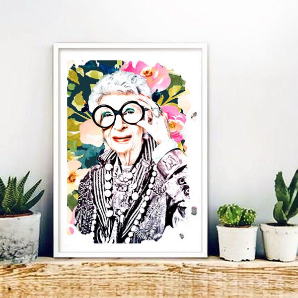 Iris Apfel ref.2 - Collage, Giclee, fashion, Nueva York, watercolor, woman, interior design, illustration, print, home decor, poster-