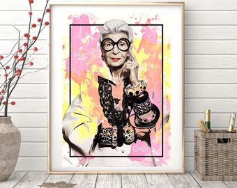 Iris Apfel - Collage, Giclee, fashion, Nueva York, watercolor, woman, interior design, illustration, print, home decor, poster, elegant-