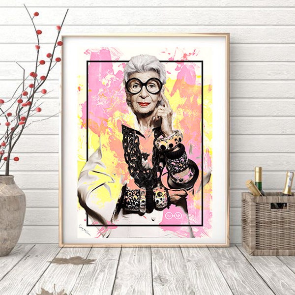 Iris Apfel - Collage, Giclee, fashion, Nueva York, watercolor, woman, interior design, illustration, print, home decor, poster, elegant-