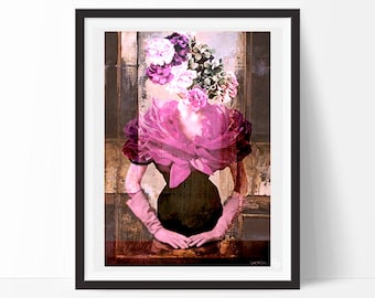 Woman of flowers - Mixed media collage, fashion, picture, interior design, illustration, vintage, print, home decor, poster, elegant-