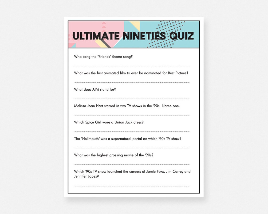 90s Trivia Quiz Printable Party Game Instant Download Bridal Etsy UK
