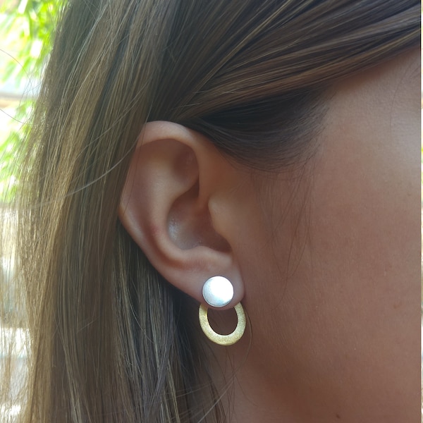 Gold and Silver Circle Stud Earrings, Modern Geometric Studs Ear Jacket Earring, Front Back Earrings, Classic holiday gift, Valentine's day