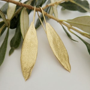 Gold Long Olive leaf earrings, Holy Land, Long Earrings, Leaf jewelry, Birthday Gift for mom, Unique Gift for women Nature lovers gift