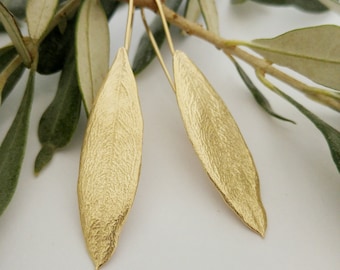 Gold Long Olive leaf earrings, Holy Land, Long Earrings, Leaf jewelry, Birthday Gift for mom, Unique Gift for women Nature lovers gift