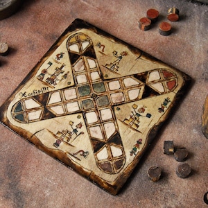 Patolli Small Handmade Board Game, Ancient Mayan Miniature Portable Table Game 2-4 Players, Antique Mesoamerican Pyrography Art 20 X 20 cm image 1