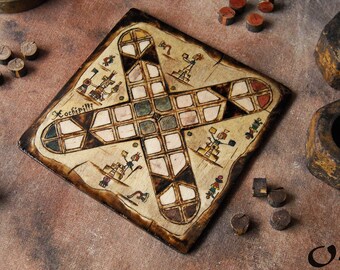 Patolli Small Handmade Board Game, Ancient Mayan Miniature Portable Table Game 2-4 Players, Antique Mesoamerican Pyrography Art 20 X 20 cm