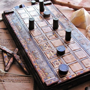 Senet - Handmade Board Game Of Ancient Egypt, Unique Strategy Game Bundle, Antique Wood Carving and Pyrography Art, Traditional Playing Gift