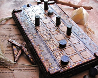 Senet - Handmade Board Game Of Ancient Egypt, Unique Strategy Game Bundle, Antique Wood Carving and Pyrography Art, Traditional Playing Gift