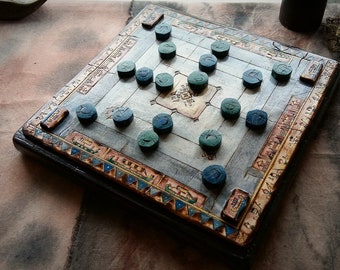 Handmade Nine Men's Morris Board Game, Traditional Checkers Strategy Game Bundle, Unique Carved Wooden Art with Roman Pyrography Details