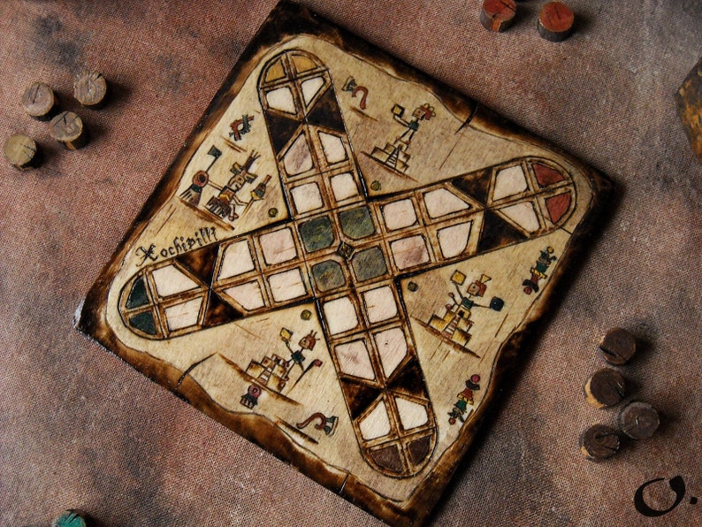 Patolli Small Handmade Board Game, Ancient Mayan Miniature Portable Table Game 2-4 Players, Antique Mesoamerican Pyrography Art 20 X 20 cm image 8