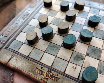 Checkers Wooden Board Game - Small Handmade Draughts Table Game, Anunnaki Theme Strategy Game for 2 Players, Travel Gamers Gift for Him