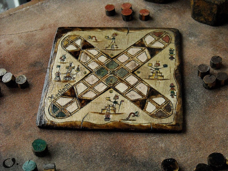 Patolli Small Handmade Board Game, Ancient Mayan Miniature Portable Table Game 2-4 Players, Antique Mesoamerican Pyrography Art 20 X 20 cm image 10